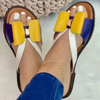 2022 r. Zwięzłe wiosenne damskie sandały na płaskiej podeszwie z węzłem-motyl, buty damskie w różnych Kolorach, Modne codzienne wygodne damskie japonki