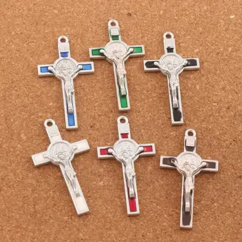 6 kolorów Emalii Świętego Benedykta Medal Włochy Krucyfiks Krzyż Religijny Dystansowe Koraliki Wisiorki ze Stopu Ręcznie L1715 53,1x29,2 mm