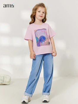 Amii Kids 2022 Nowe letnie koszulki dla dziewczyn, Dorywczo Szczyty z Bawełny z nadrukiem, dla Dzieci od 3 do 12 lat, Plac Odzież 22230053