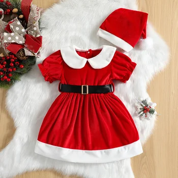 BMNMSL Dla Małych Dziewczynek Świąteczny Kolor Sukni w stylu Patchwork z Długim Bujnym Rękawem i Guzikami z Przodu Strój świętego Mikołaja z Czarnym Pasem