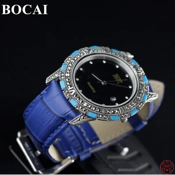 BOCAI S925 Bransoletki Ze Srebra 2022 Nowa Moda Tajski Srebrny Elegancki Skórzany Watchband Turkusowy Аргентум Biżuteria