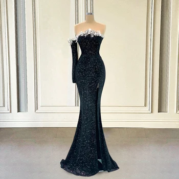 Błyszczące Cekiny Syrena Damskie Wieczorowe Długie Sukienki na Studniówkę z Rozcięciem 2022 Czarne Sukienki z Jednym Rękawem do Ukończenia Imprezy