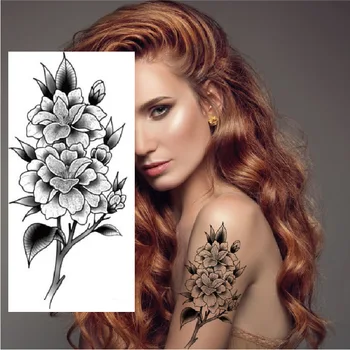 Czarny Biały Szkic Kwiatów Wodoodporny Melaniny Kwiat Tatuaże Naklejki Body Art Jednorazowe Fałszywe Tymczasowe Tatuaże Dla Kobiet