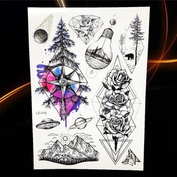 Czarny Lis Księżyc Góra Tymczasowe Tatuaże Naklejki Wodoodporne Geometryczny Kwiat Wilk Las Tatuaż Kobiety Mężczyźni Ciało Ręka Tatuaż Planeta