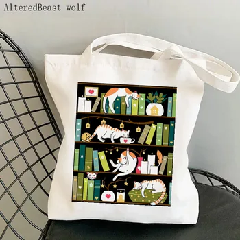 Damska torba na zakupy z nadrukiem kotów na książce, Кавайная torba w stylu Harajuku, Холщовая torba na zakupy, torba na ramię-тоут na ramię, torba na ramię