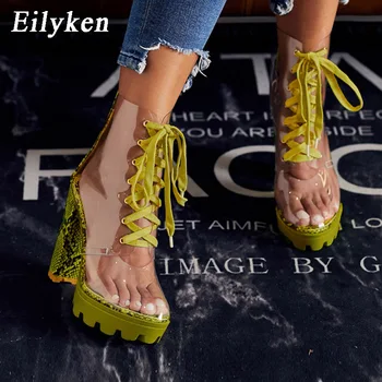 Eilyken/ pikantne przezroczyste damskie buty z PCV; Klapki; Modne buty na platformie z Змеевидным okrągłe toe na platformie i Wysokim Ogromnej obcasie