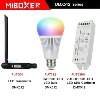 FUT012 E27 9w RGB + CCT lampa Led, FUTD01 DMX 512 Led nadajnik, FUT039M Sterownik taśm led, Miboxer DMX512 serii zarządzania