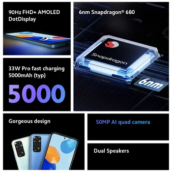 Globalna wersja Xiaomi Redmi Note 11 Smartfon Snapdragon 680 Восьмиядерный 33 W Pro Szybkie Ładowanie 50 Mp kamera Zapewniona