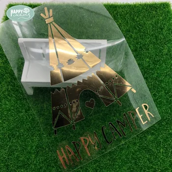 Happymems Happy Camper Żelazne Belki Ze złotą folią Żelazne Stripe Dla Sztuki Odzieży Dekoracji namiotu Żelazne Stripe