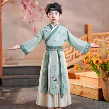 Jesienny Dzieci Kostium Hanfu Tang z Haftem Zielonego Ptaszka, Dziecięce Stroje Taneczne w Stylu Chińskim, Tradycyjne Ubrania Dla Sceny Dla Chłopców