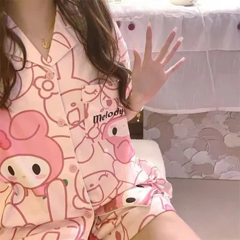 Kawaii Sanrios Seria Różowy My Melody Cinnamoroll Z Krótkim Rękawem Anime Piżamy Kreskówka Lato 2022 Nowy Zestaw Odzieży Domowej