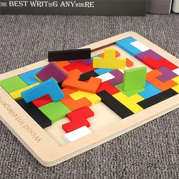 Kolorowe Puzzle 3D Drewniane Tangram Matematyczny Zabawki Tetris Gra dla Dzieci Przedszkole Magia Inteligentne Zabawki Edukacyjne dla Dzieci