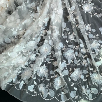 Luksusowe Koronki Tkaniny w Kolorze Białym z Aplikacją 3D, Koronka do Ślubu, Kwiat Koronki do Sukienki dla Dziewczynek, Bezpłatna Wysyłka