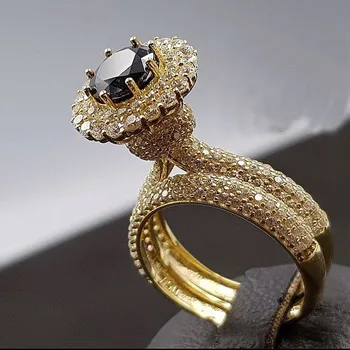 Moda Czarny Kamień Złoty Kolor Poduszki Ślubne Obrączki Zestawy Luksusowe Damskie Palec Spersonalizowane Biżuteria Nowy