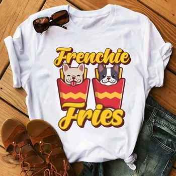 Modna Damska Koszulka Frenchie Fries, t-Shirt, Bluzki z Nadrukiem Psa z Kreskówki Kawaii, Żeńskie, Śmieszne Koszulki Z Krótkim Rękawem, t-shirty Damskie