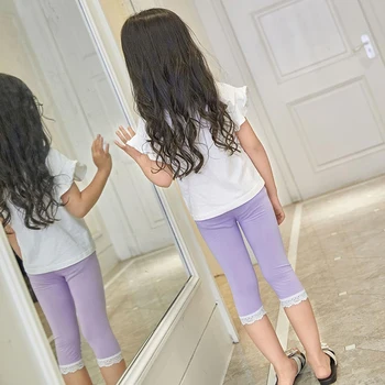 Monochromatyczne koronkowe spodnie o długości do łydki dla dziewczyn, Letnia Cienka odzież dziecięca z bawełny modalnej, Legginsy dla dziewczynek, ubrania dla Dzieci od 3 do 14 lat