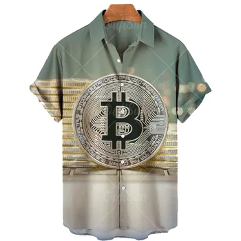 Męskie Hawajska Koszula z Nadrukiem Bitcoinów, Modne Dorywczo Koszula z Krótkim Rękawem, Szybkoschnąca Koszula na jednego przycisku, Duże Rozmiary 5XL