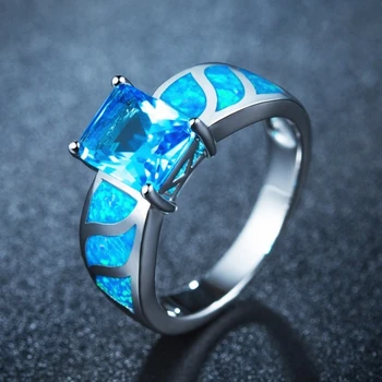 Niebieski Ogień Opal Pierścień Biżuteria Kobiet Prostokąt Pierścionki z Białego Złota Kolor Moda Prezent Świąteczny dla kobiet pierścienie