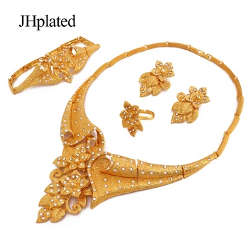 Pozłacane Kwiaty sztuczna naszyjniki kolczyki bransoletki komplety biżuterii prezenty ślubne Naszyjnik pierścień zestawy biżuterii dla kobiet