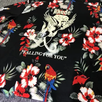 RHUDE Black Parrot Flower Plaża Koszula Z Pełnym Nadrukiem Unisex Hawajska Koszula