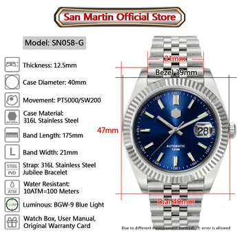 SAN MARTIN 40 MM luksusowe automatyczne mechaniczne zegarki w stylu retro PT5000/SW200 szafirowe męskie zegarek 10 ATM kalendarz zegarek do nurkowania 2022