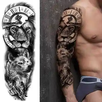 Tribal Maori Tymczasowy Tatuaż Rękaw Dla Mężczyzn Kobiet Dorosły Wilk, Lew Tatuaż Naklejka Czarna Wielki Żółw Tiki Fałszywy Tatuaż Dostawy