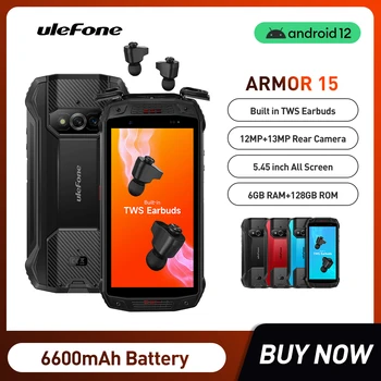 Ulefone Armor 15 Wytrzymały Telefon z systemem Android 12 Smartfon 6600 mah 128 GB, NFC 2,4 G / 5G WLAN Wodoodporne Telefony komórkowe Wbudowane słuchawki TWS