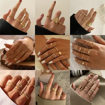 VAGZEB Hip-Hop, Rock, Metal Geometria Okrągłe Pierścienie Punk Zestaw Złoty Kolor Akcesoria Do Palców Klamra Wspólne mocowanie typu stopa Pierścień dla Kobiet Biżuteria