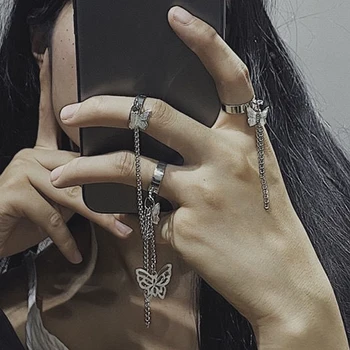 Vintage Harajuku Gothic Punk Metalowy Motyl Otwarte Regulowany Pierścień-Łańcuch Taeesl Dla Fajnych Kobiet Egirl Street Hip-Hop Biżuteria Prezenty