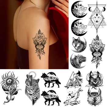 Wodoodporna Tymczasowy Tatuaż Naklejka Wilk Księżyc Tygrys Duże Zwierzę Kwiat Czarna lampa Błyskowa Tatuaż Sztuczna Tattoo Body Art dla Kobiet Mężczyzn