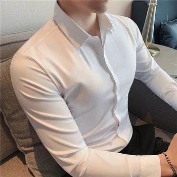 Wysoka Elastyczność Bezszwowa Koszulka Męska Casual Dopasowana Z Długim Rękawem W Jednolitym Kolorze Oficjalna Biznesowa Bluzka Dla Świeckiej Imprezy Koszula