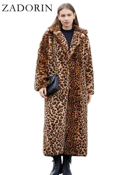 ZADORIN High Street Długi Płaszcz Ze Sztucznego Futra Z Leopard Print, Puchata Kurtka dla Kobiet, Zimowy Rów Ze Sztucznego Кроличьего Futra, Pluszowe Kurtki